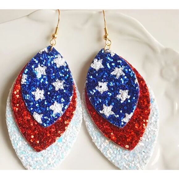 Patriotic USA American flag glitter sparkle‎ dangle earring set - Picture 1 of 4